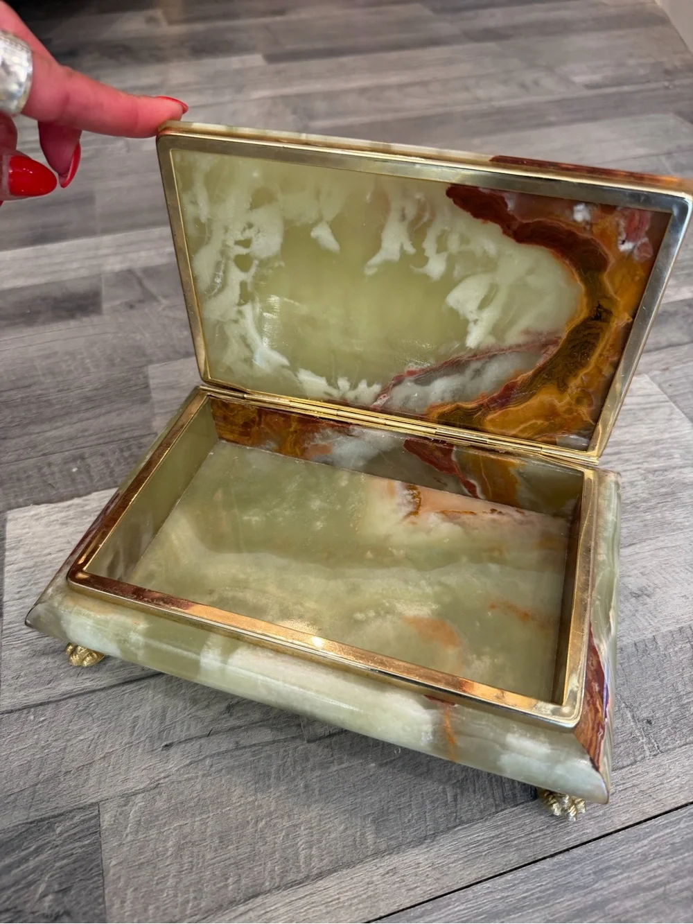 Vintage Green and Brown Onyx marble Italian Jewelry Box with Gold Feet